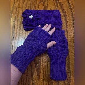Purple crochet headband with fingerless gloves set.